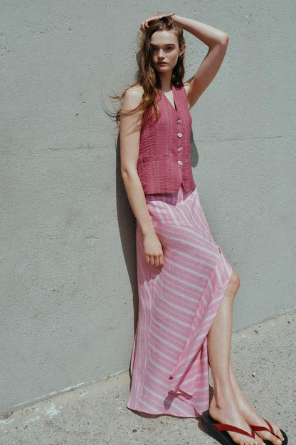 STRIPED LINEN BLEND MIDI SKIRT