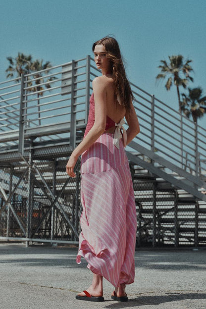 STRIPED LINEN BLEND MIDI SKIRT