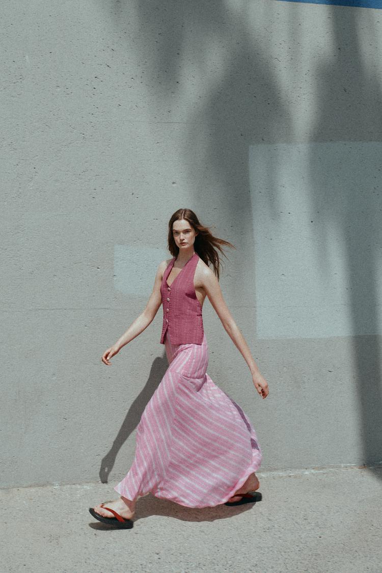 STRIPED LINEN BLEND MIDI SKIRT
