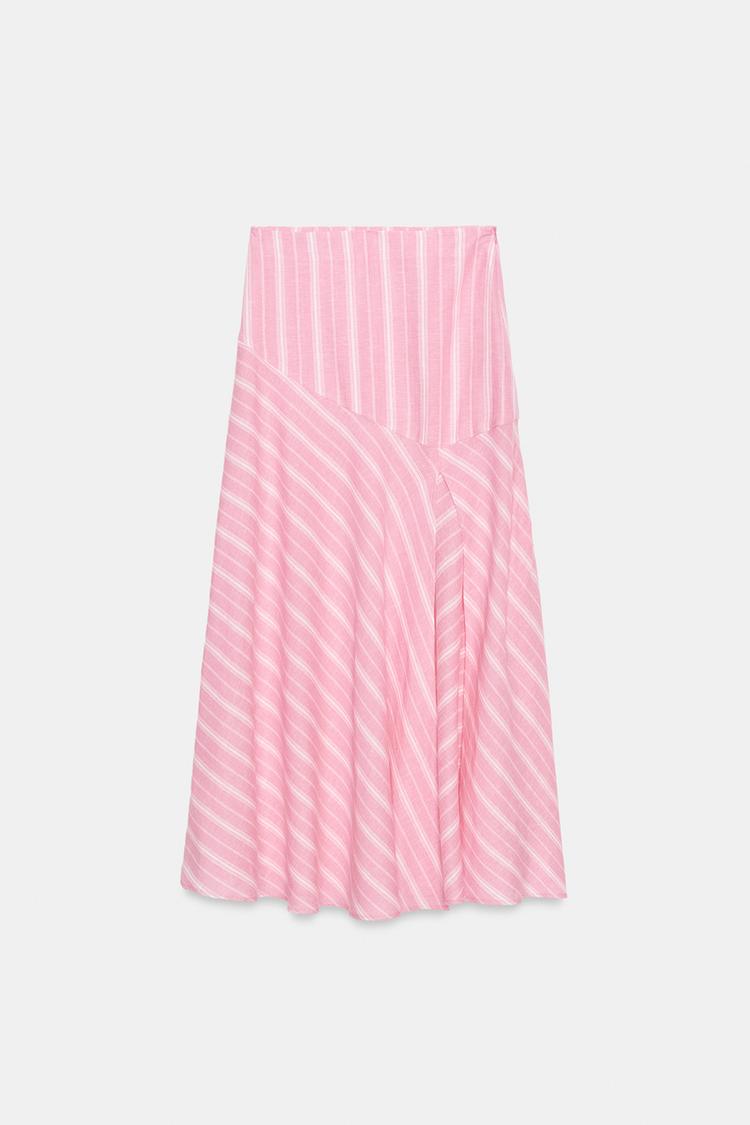 STRIPED LINEN BLEND MIDI SKIRT