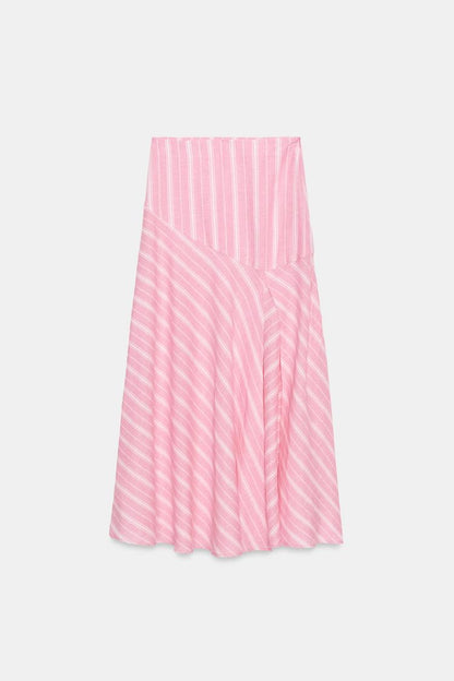 STRIPED LINEN BLEND MIDI SKIRT