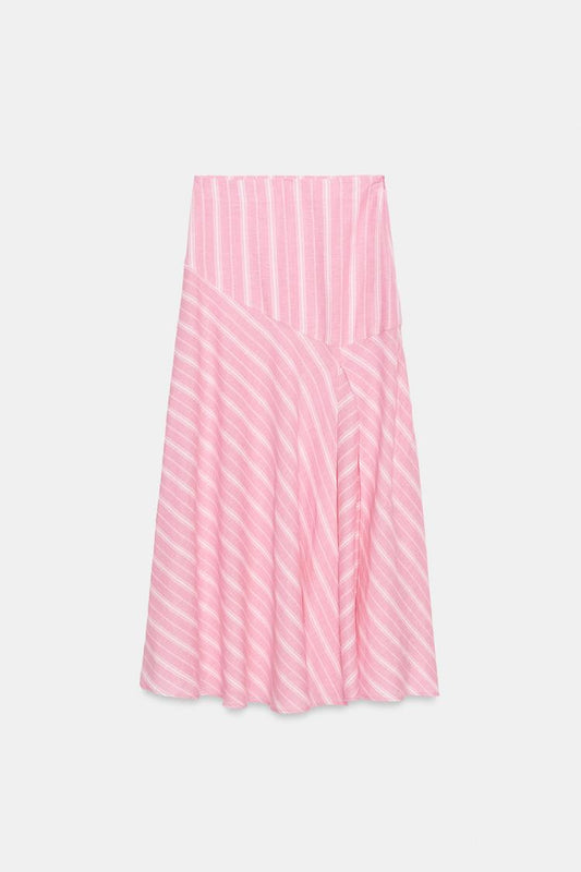 STRIPED LINEN BLEND MIDI SKIRT