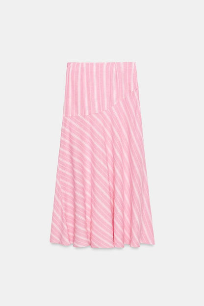 STRIPED LINEN BLEND MIDI SKIRT