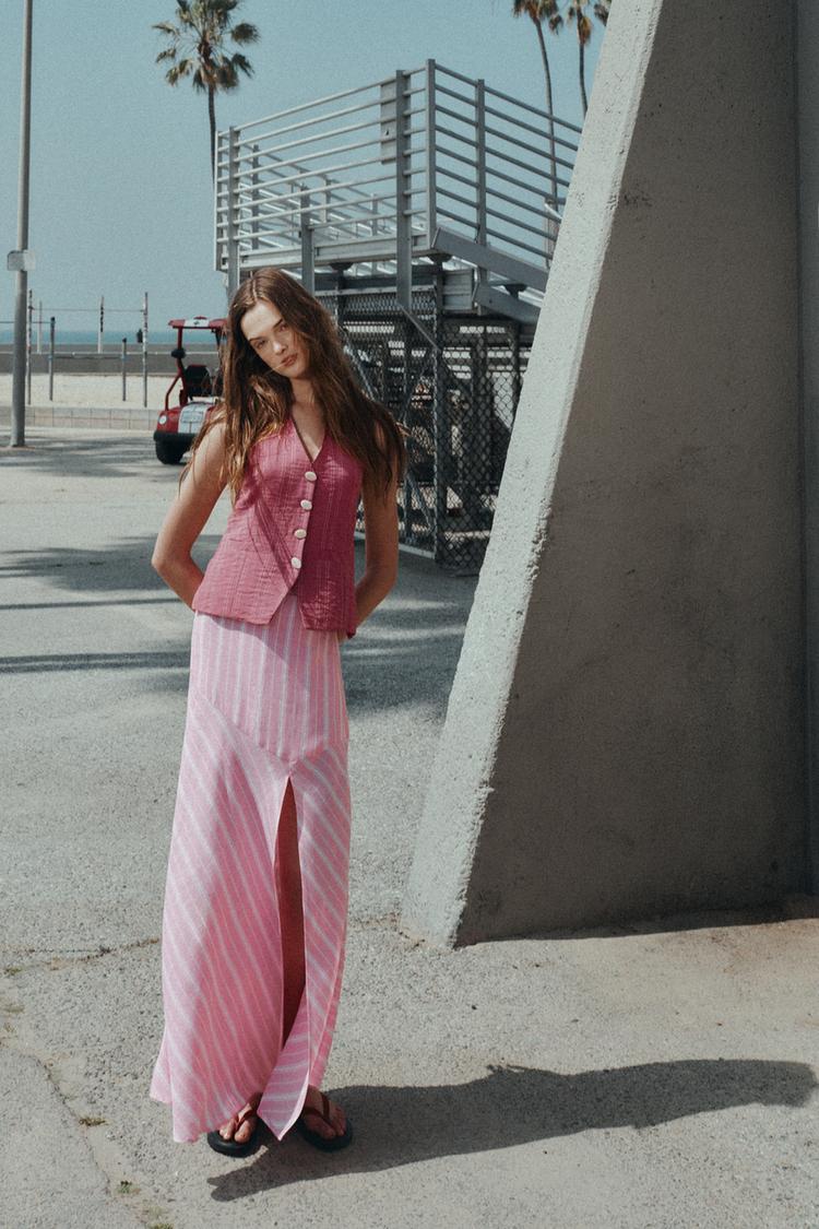 STRIPED LINEN BLEND MIDI SKIRT
