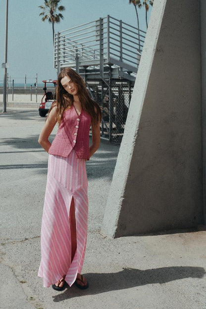 STRIPED LINEN BLEND MIDI SKIRT