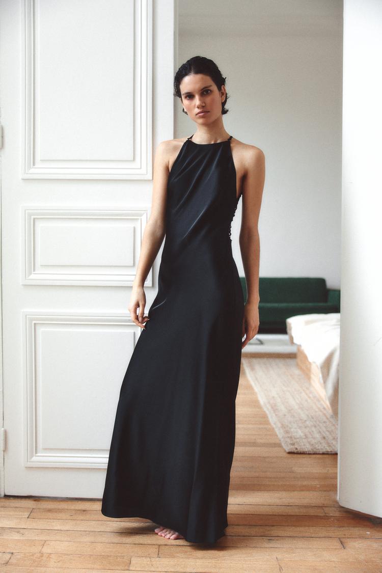 SATIN HALTERNECK DRESS WITH EMBROIDERED BACK