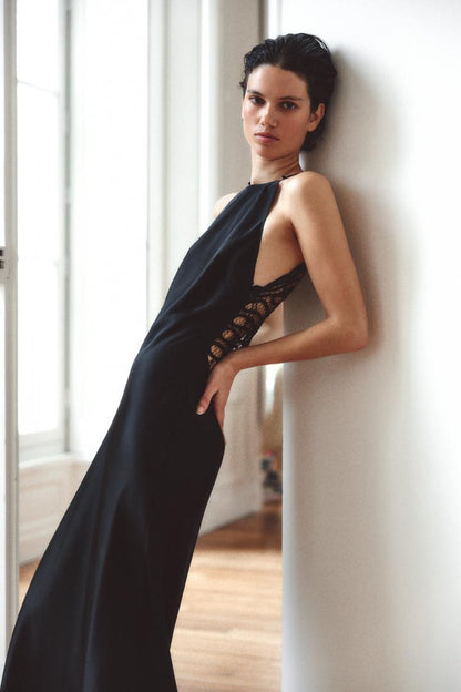 SATIN HALTERNECK DRESS WITH EMBROIDERED BACK