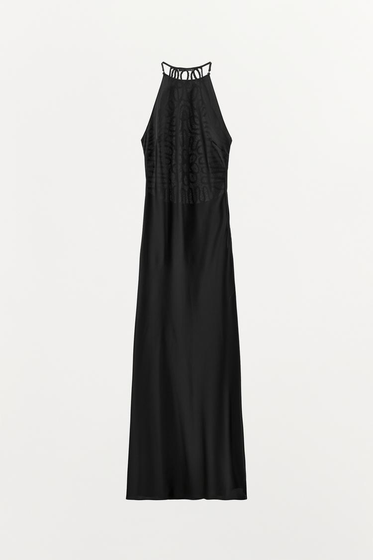 SATIN HALTERNECK DRESS WITH EMBROIDERED BACK