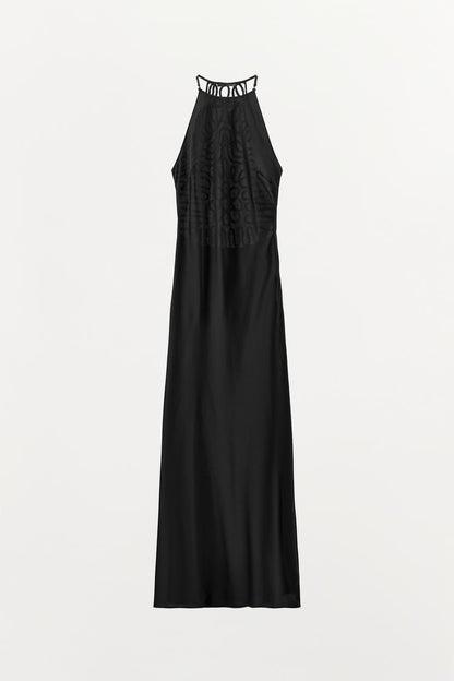 SATIN HALTERNECK DRESS WITH EMBROIDERED BACK