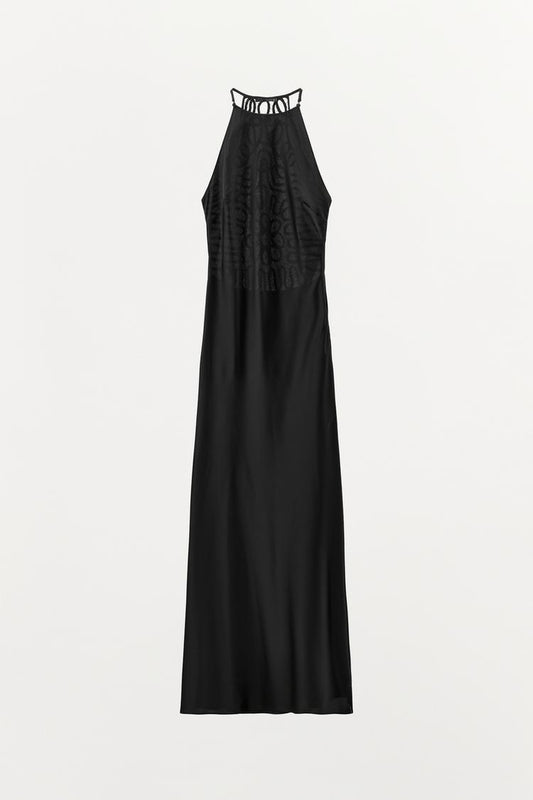 SATIN HALTERNECK DRESS WITH EMBROIDERED BACK