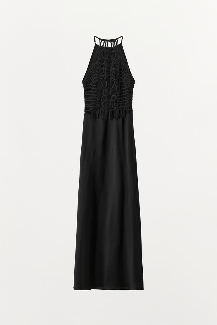 SATIN HALTERNECK DRESS WITH EMBROIDERED BACK