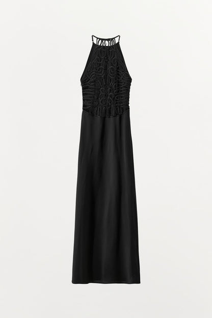 SATIN HALTERNECK DRESS WITH EMBROIDERED BACK