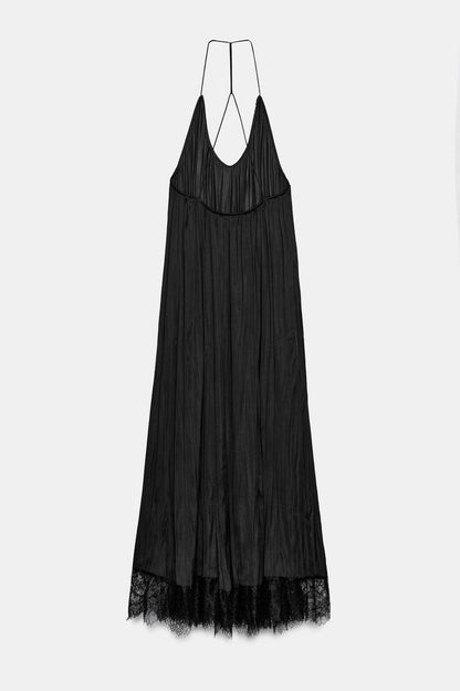 LACE SATIN HALTER DRESS
