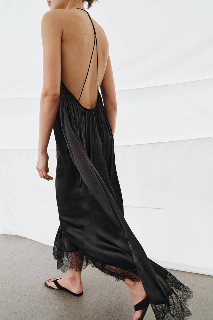 LACE SATIN HALTER DRESS