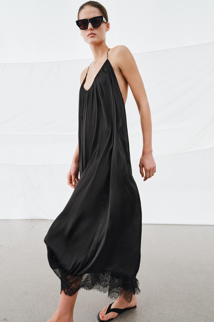 LACE SATIN HALTER DRESS