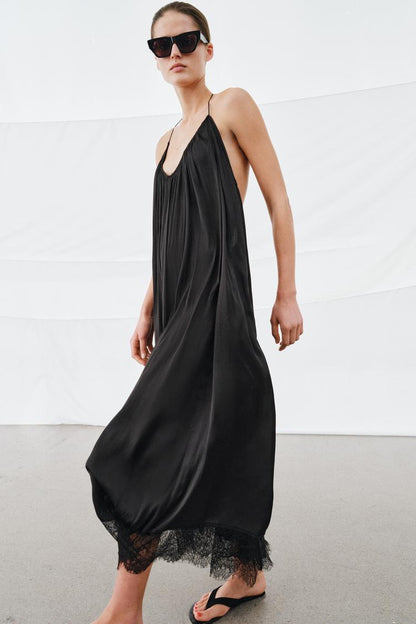 LACE SATIN HALTER DRESS