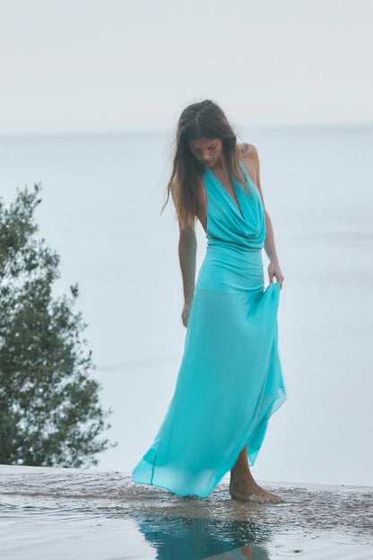 CONTRASTING HALTER MIDI DRESS