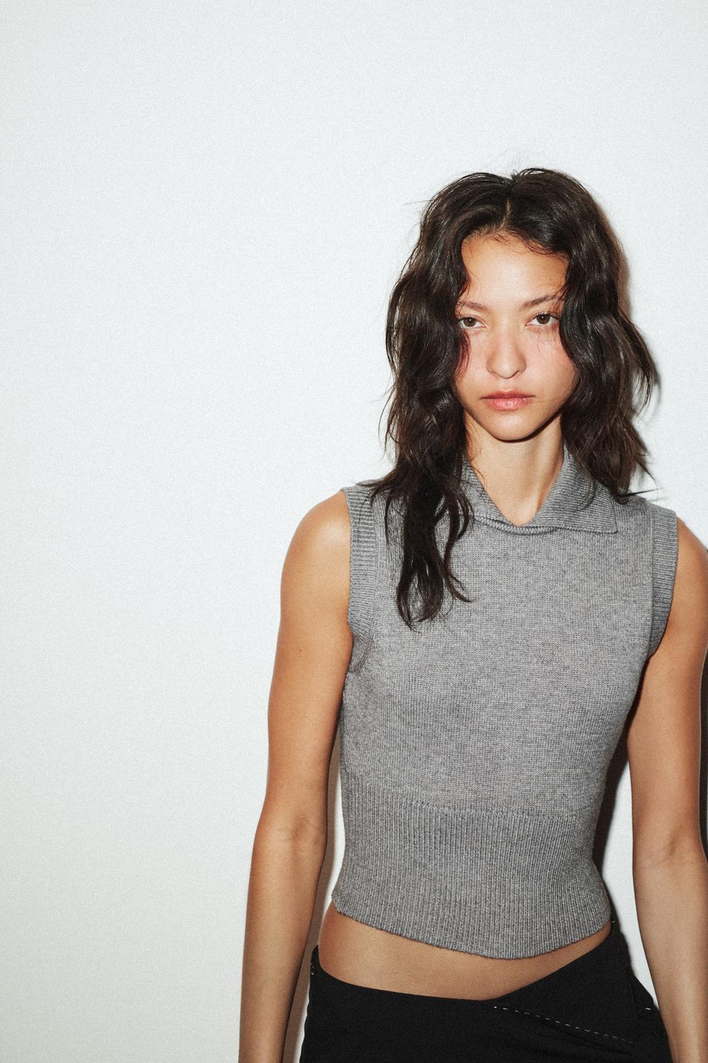KNITTED POLO COLLAR TANK TOP