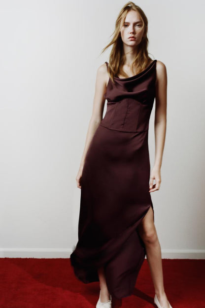 SATIN DRAPED NECKLINE DRESS