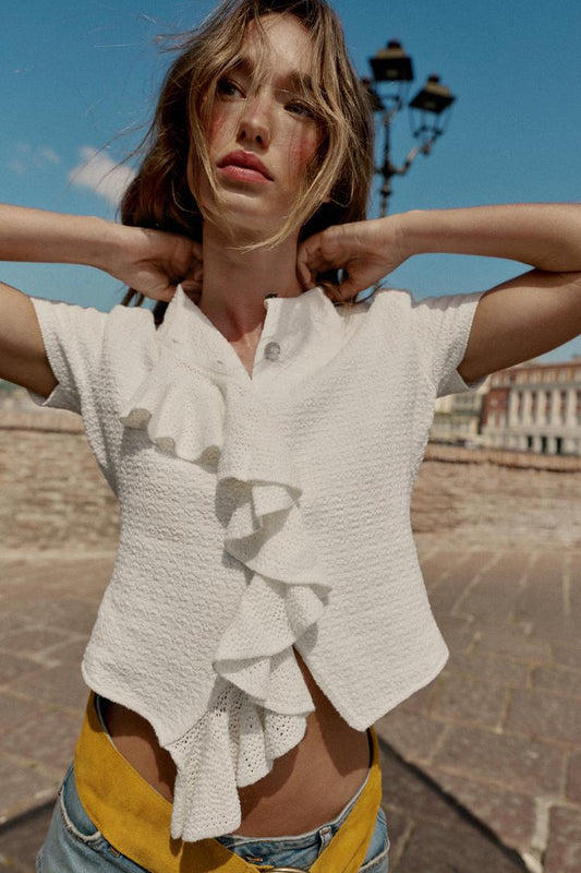 CARDIGAN WITH SHORT SLEEVES AND RUFFLES