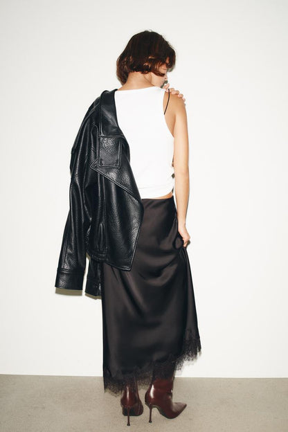LACE TRIM SATIN MIDI SKIRT