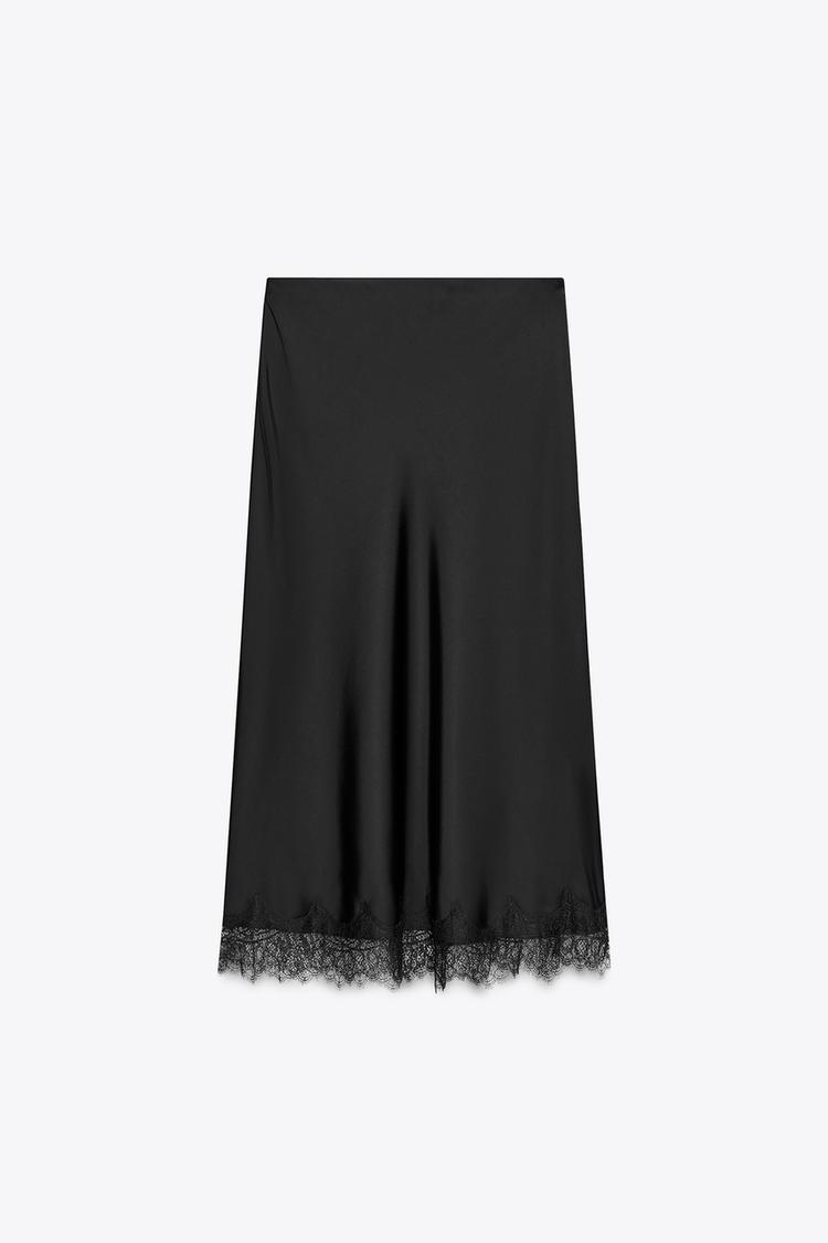 LACE TRIM SATIN MIDI SKIRT