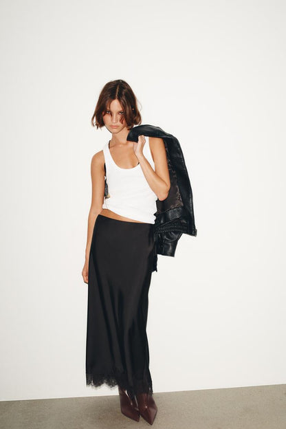 LACE TRIM SATIN MIDI SKIRT