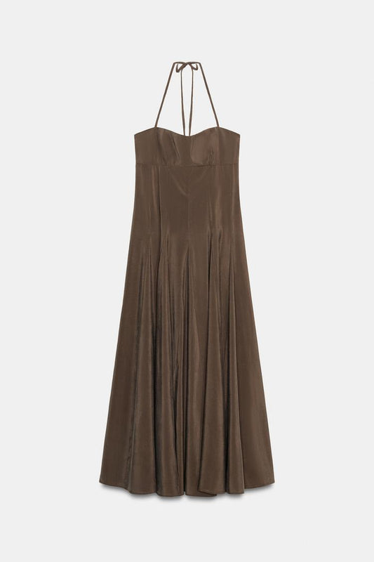 VOLUMINOUS FLOWING HALTER MIDI DRESS