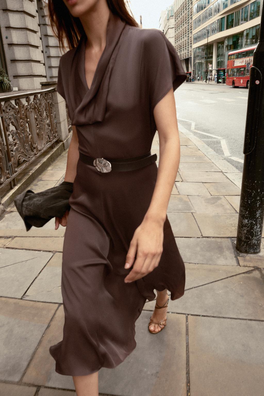 FLOWING NECK MIDI DRESS WITH BELT