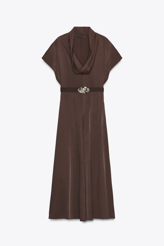 FLOWING NECK MIDI DRESS WITH BELT