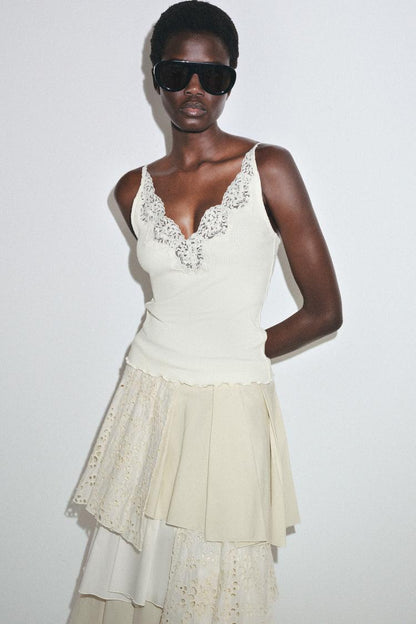 RIB KNIT LACE TOP