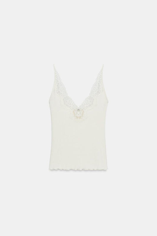 RIB KNIT LACE TOP