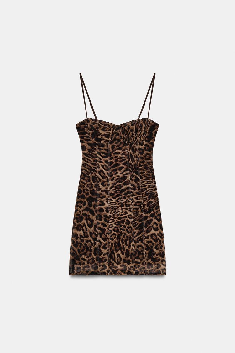 ANIMAL PRINT CORSETRY-INSPIRED TULLE DRESS