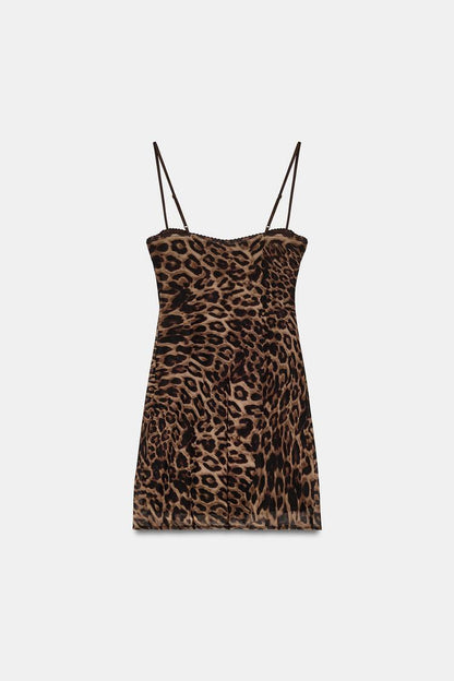 ANIMAL PRINT CORSETRY-INSPIRED TULLE DRESS