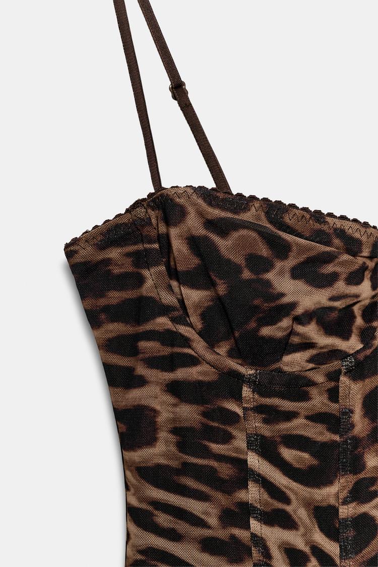 ANIMAL PRINT CORSETRY-INSPIRED TULLE DRESS