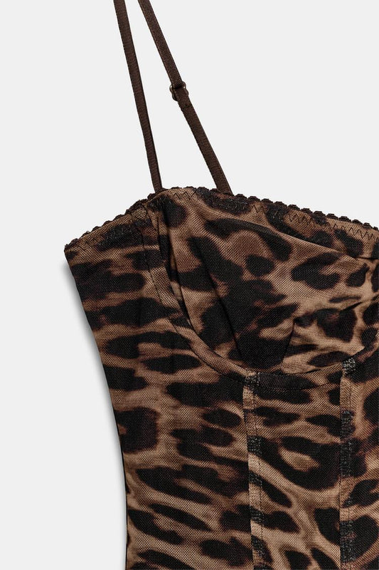 ANIMAL PRINT CORSETRY-INSPIRED TULLE DRESS