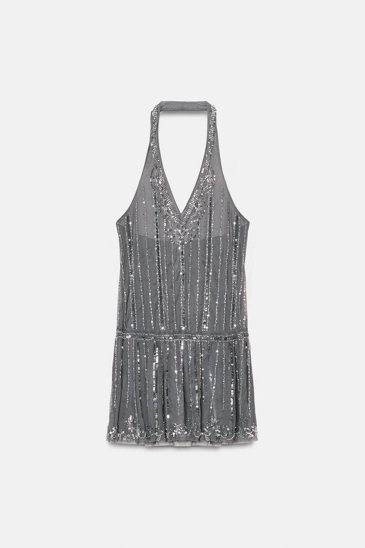 SHIMMER HALTER MINI DRESS