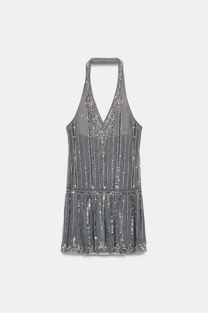 SHIMMER HALTER MINI DRESS