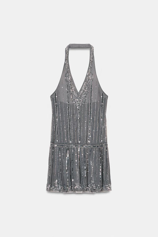 SHIMMER HALTER MINI DRESS