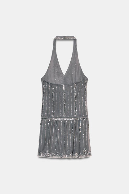 SHIMMER HALTER MINI DRESS