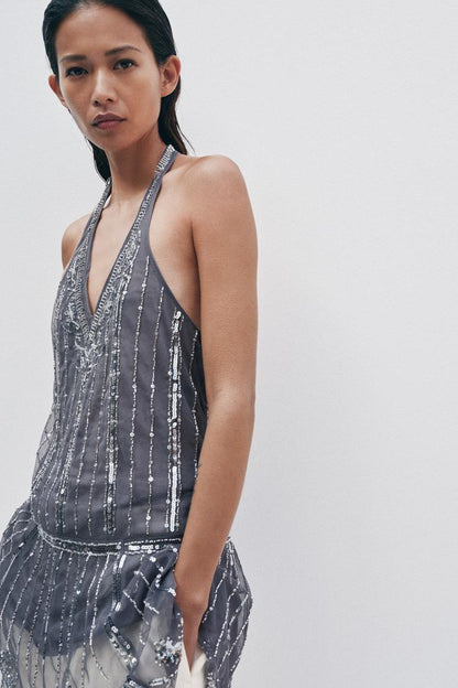 SHIMMER HALTER MINI DRESS