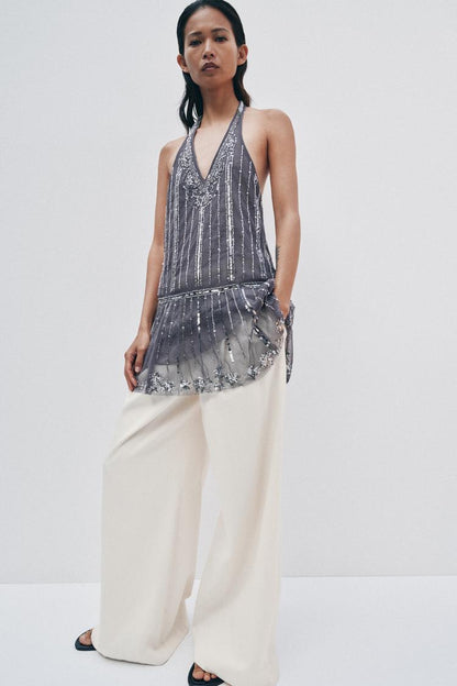SHIMMER HALTER MINI DRESS