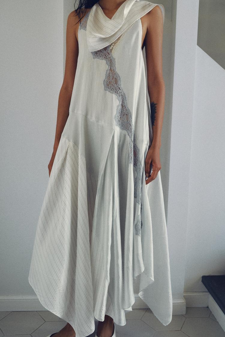 STRIPED HALTERNECK LACE DRESS