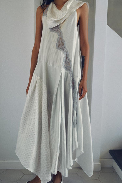 STRIPED HALTERNECK LACE DRESS