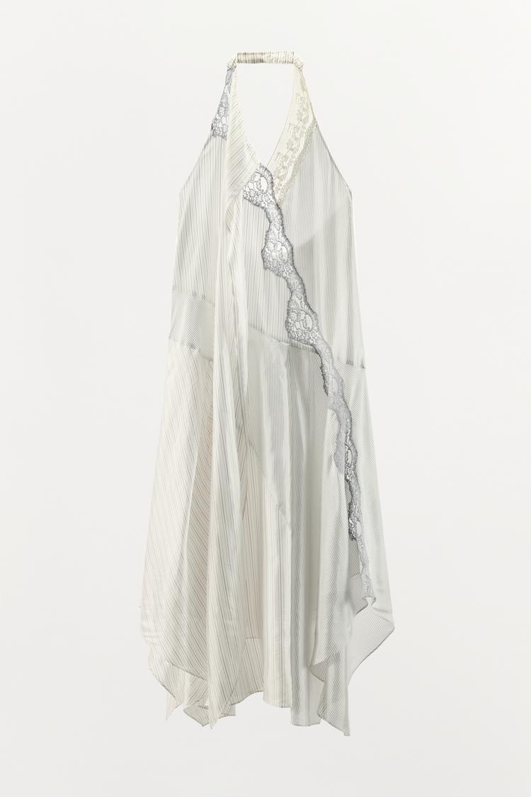 STRIPED HALTERNECK LACE DRESS