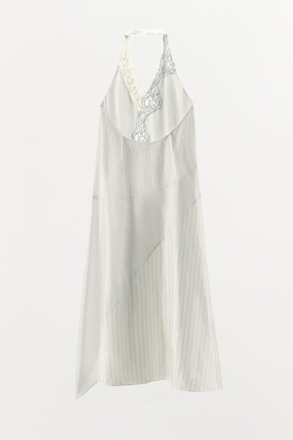 STRIPED HALTERNECK LACE DRESS