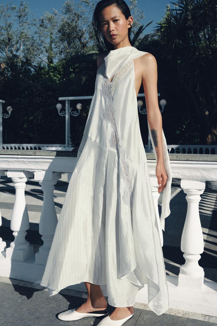 STRIPED HALTERNECK LACE DRESS