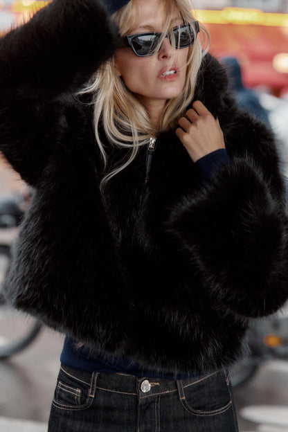 SHORT FAUX FUR HOODED COAT