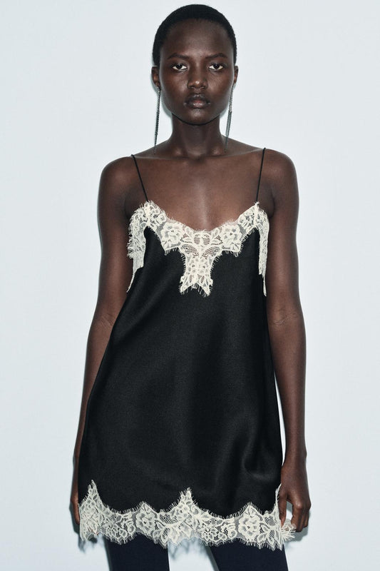 CONTRAST LACE SATIN MINI DRESS