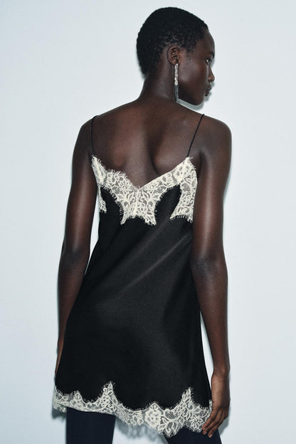CONTRAST LACE SATIN MINI DRESS